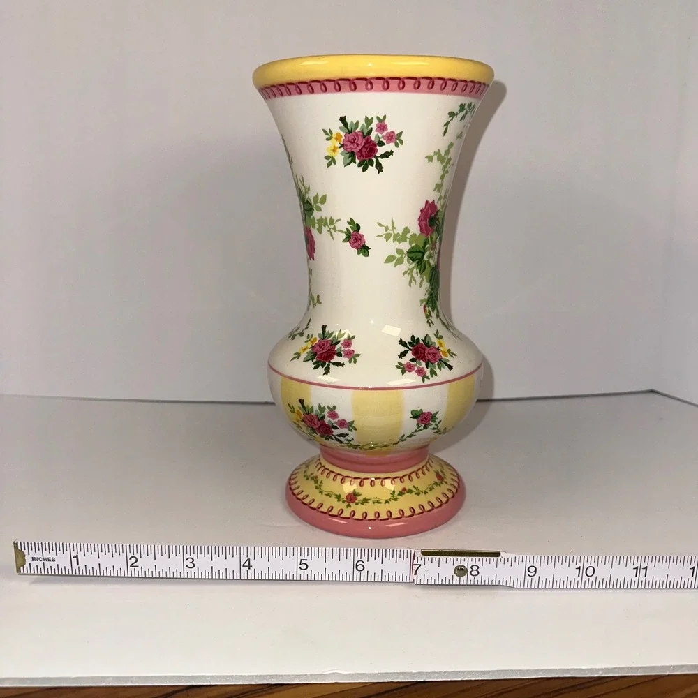 Laura Ashley‎ Floral Ceramic Vase Yellow Pink Roses Pedestal Decorative Accent